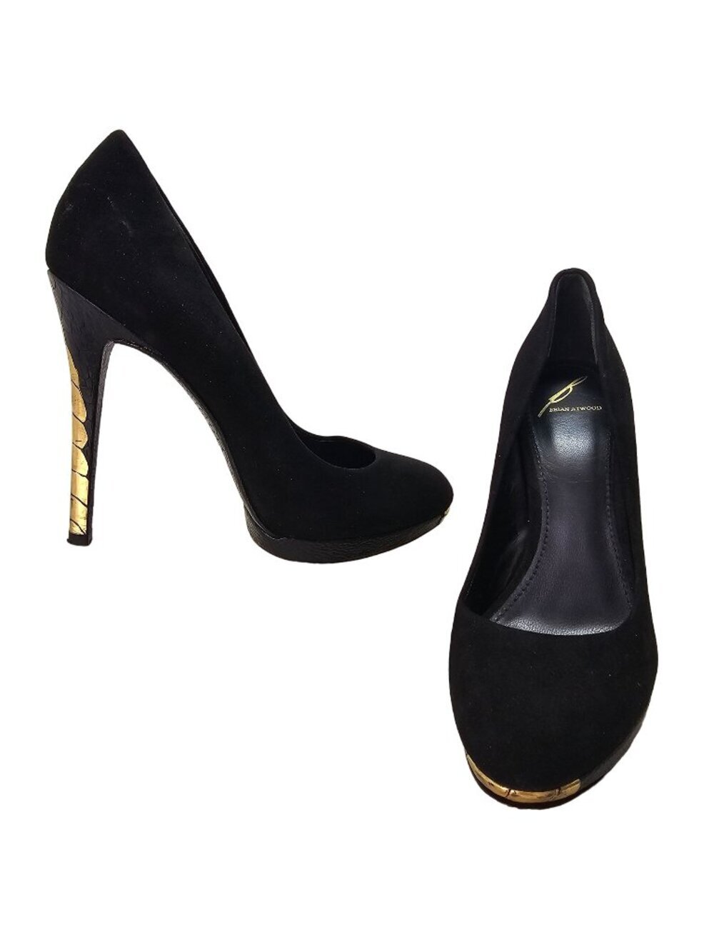 Brian Atwood Black Suede Platform Pump Shoe 38 Gold Stiletto Heel Pebble Leather